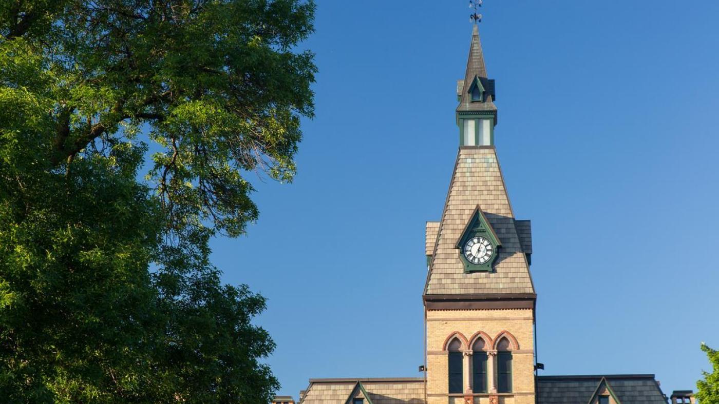 Old Main tower in spring or summer