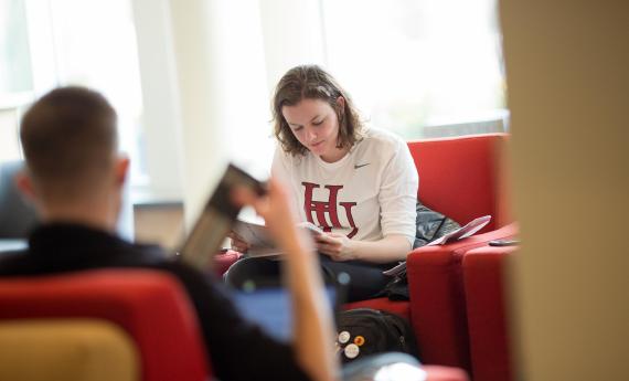 Student in Anderson Center, studying