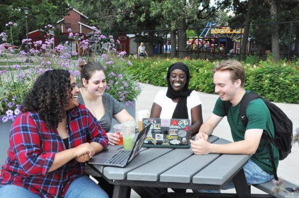 Hamline students at picnic table, Como park