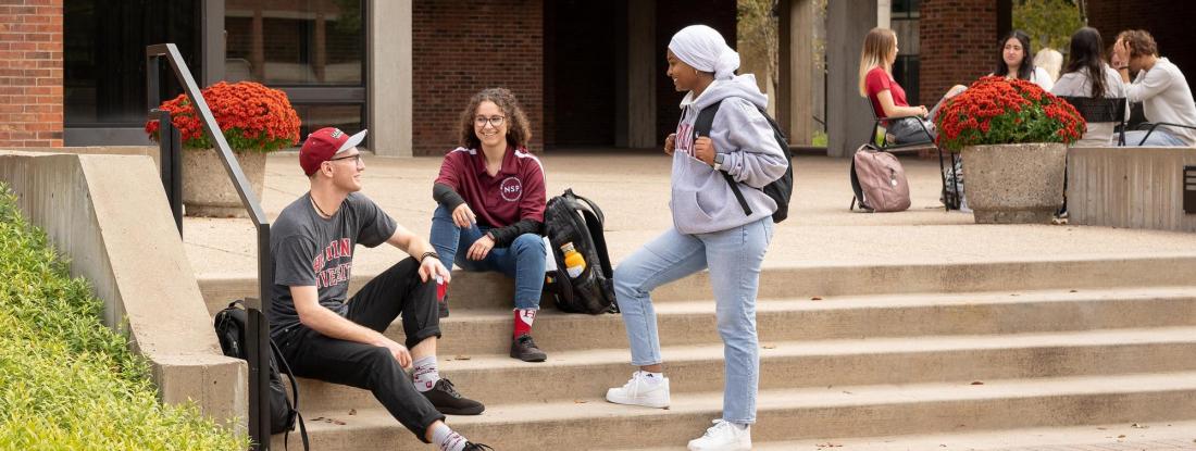 Students chatting on the stairs by Bush Library