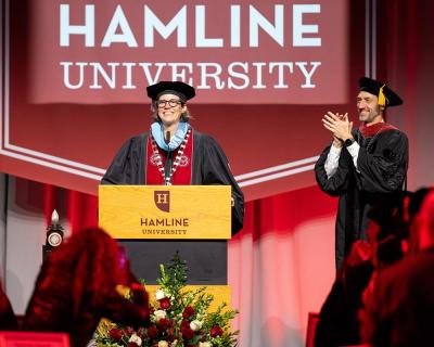President Mayme K. Hostetter at her Installation (inauguration) Ceremony, with chairman Doran Clarke