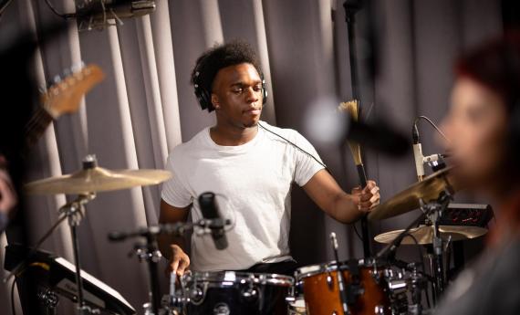 Drummer (and student) Joe Mason in the Music Production Studio