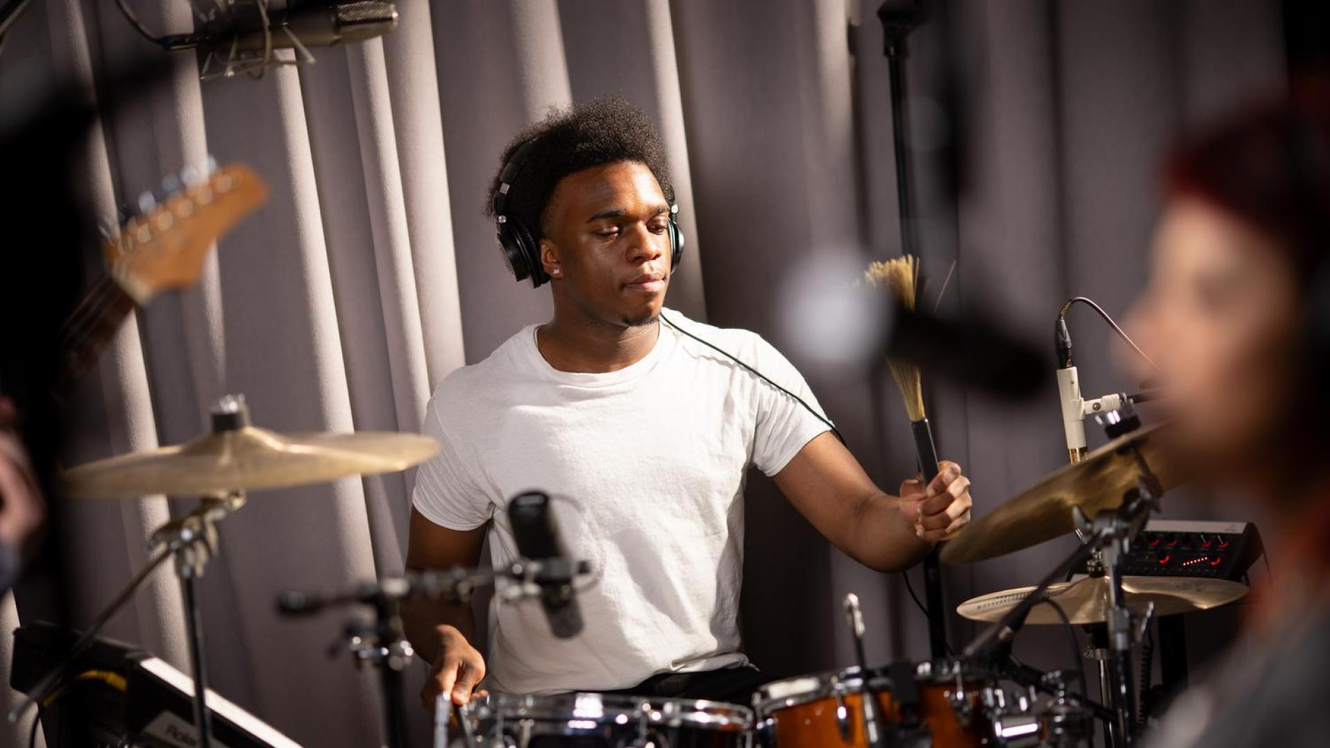 Drummer (and student) Joe Mason in the Music Production Studio